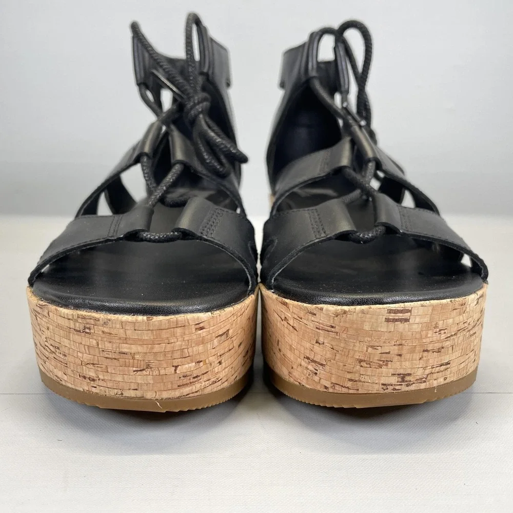Sorel Cameron Flatform Wedge Sandals Womens Size 9.5 Black Leather Strappy Shoes